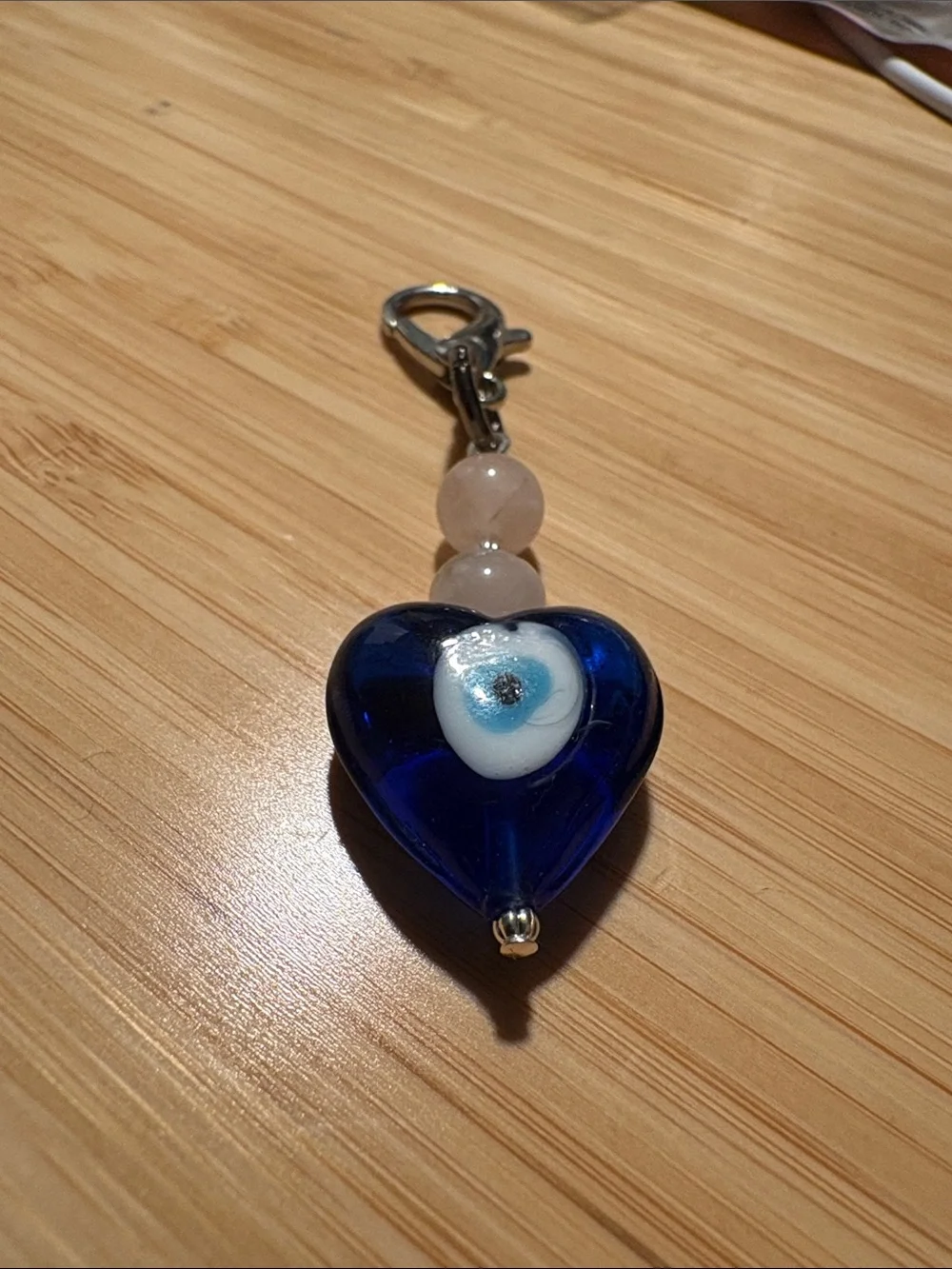 Handcrafted Rose Quartz Evil Eye Heart Glass Charm - Picture 2 of 6